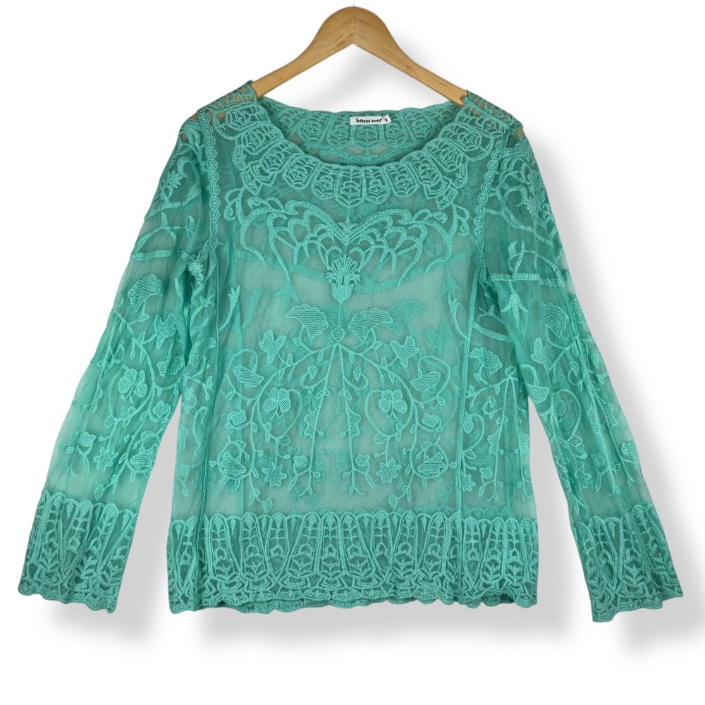 Turquoise Sheer Embroidered Mesh Lace Top Womens Size Medium Mermaid Fairy Boho